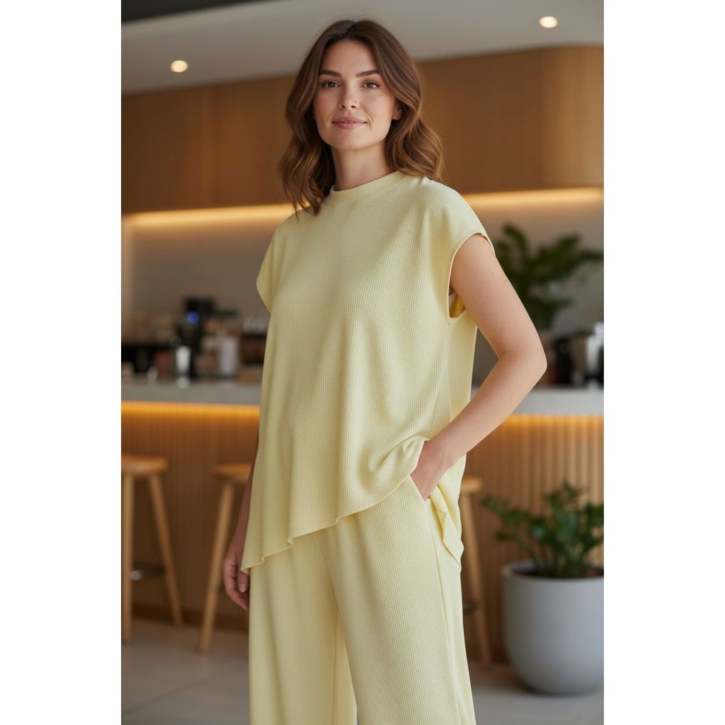 Conjunto Feminino Elegante Blusa Assimétrica + Calça Pantalona Cintura Alta Anna