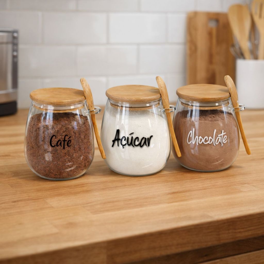Pote Personalizado 750ml de Vidro com Colher e Tampa de Bambu
