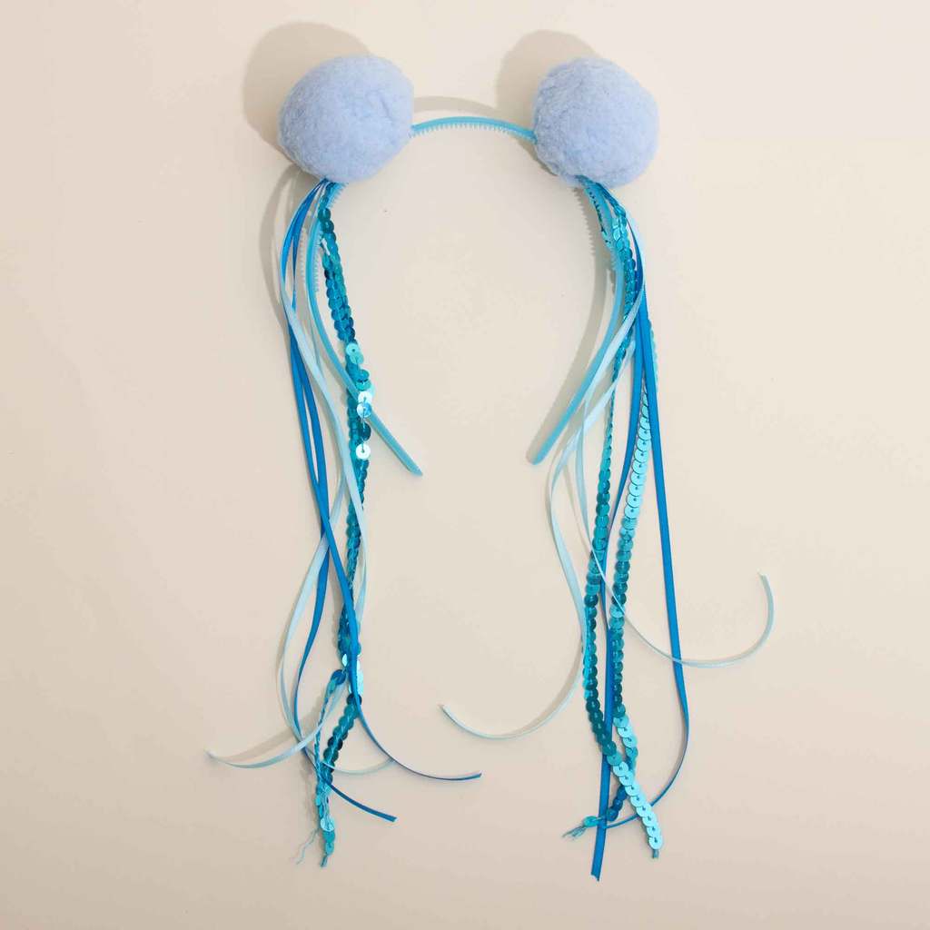 Tiara De Carnaval Pompom Azul Bebê Com Fitas E Lantejoulas -