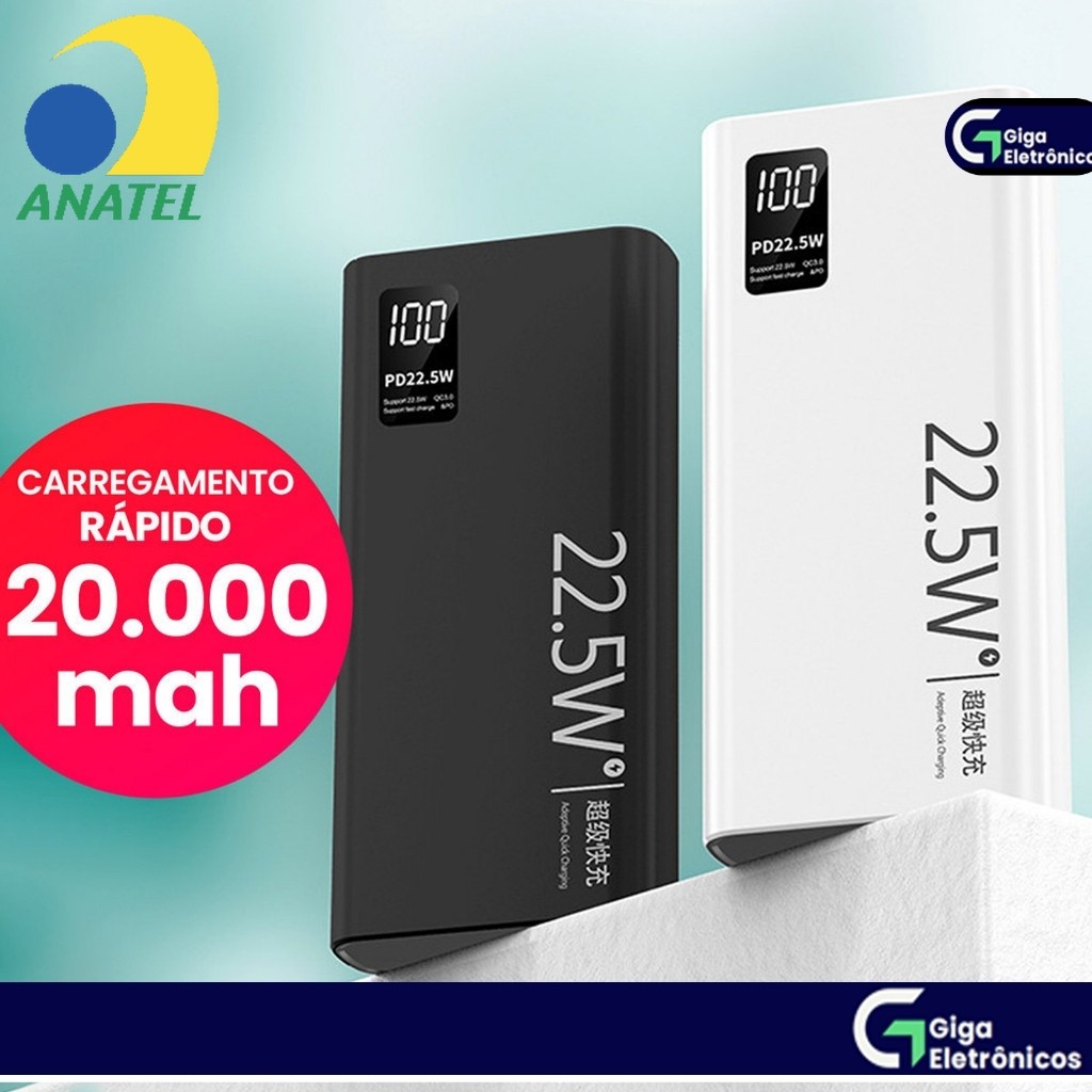 Carregador Portátil Turbo Power Bank 20000mah 22.5W Carregamento Rápido, Tela Lcd 100 % original