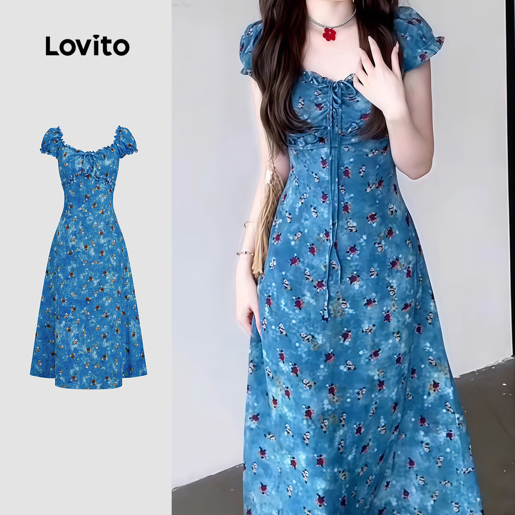 Lovito  Vestido Casual com Babados Primavera/verão Azul para Mulheres L173AD278