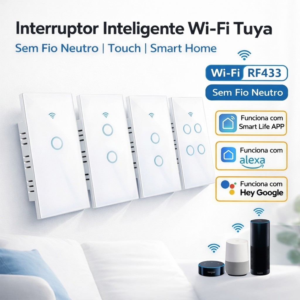 Interruptor Inteligente Wi-Fi Touch 1 2 3 4 Teclas, Controle por Celular e Voz em Oferta na Shopee