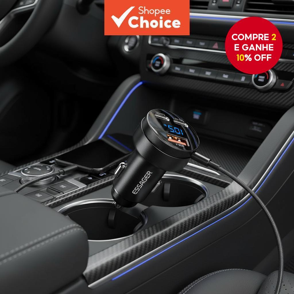  Essager 105W Carregador de Carro para Celular com Dupla Porta Tipo C USB de Carregamento Rápido para PPS PD QC