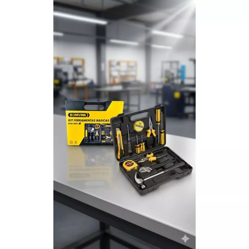 Kit Caixa de Ferramentas 12 peças Martelo Testador Eletricidade Trena Chave Fenda Philips Inglesa Alicate