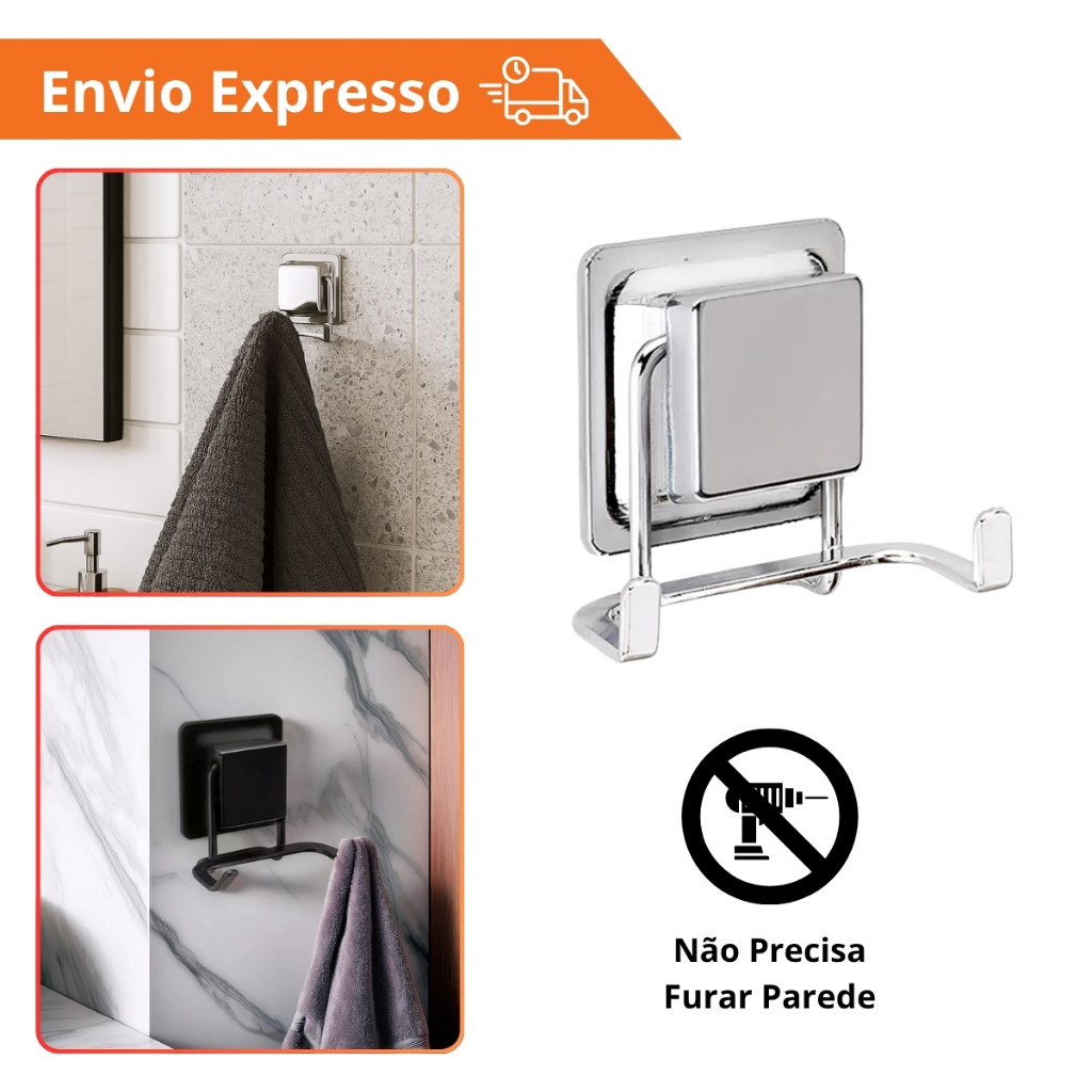 Gancho Toalha Duplo Multiuso Ventosa Cromado Sem Furo Parede Vidro Azulejo Banheiro - Fixa Forte e Durável