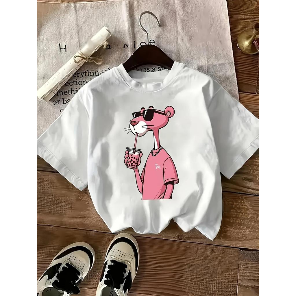 Camiseta Feminina Streetwear Algodão Penteado Infantil Adulto Plus Size Estampa Pantera Cor de Rosa Milk Shake Bebida