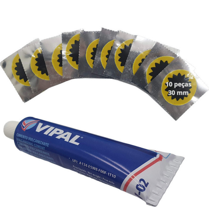 Kit 10 Remendos Moto Bicicleta Camara de Ar 1 Colas de Remendo Vipal 15g e 10 Remendos 30mm A Frio