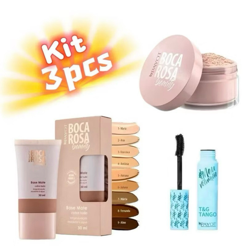 KIT 3 Pcs Base Boca Rosa + Pó Solto Mármore E Mascara Promoção em Oferta na Shopee