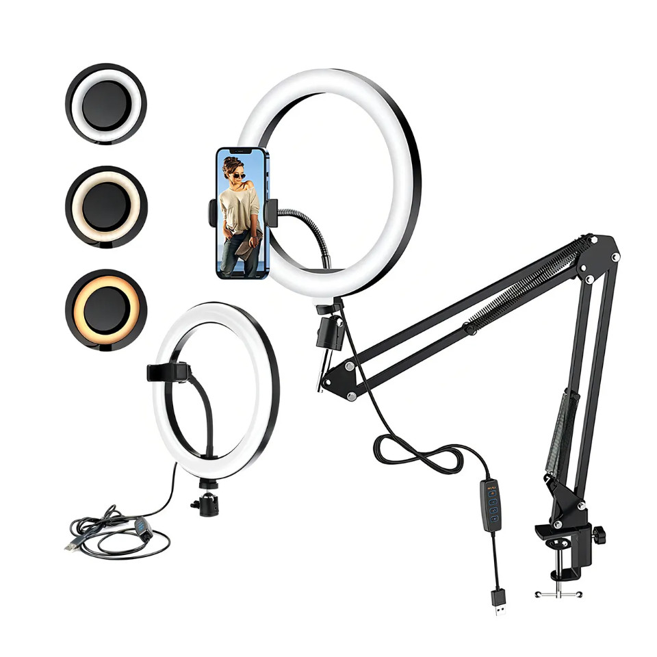 Ring Light Para Maquiagem Vídeo e Live 26cm LED Com Braço Articulado Tripé de Mesa Suporte Celular