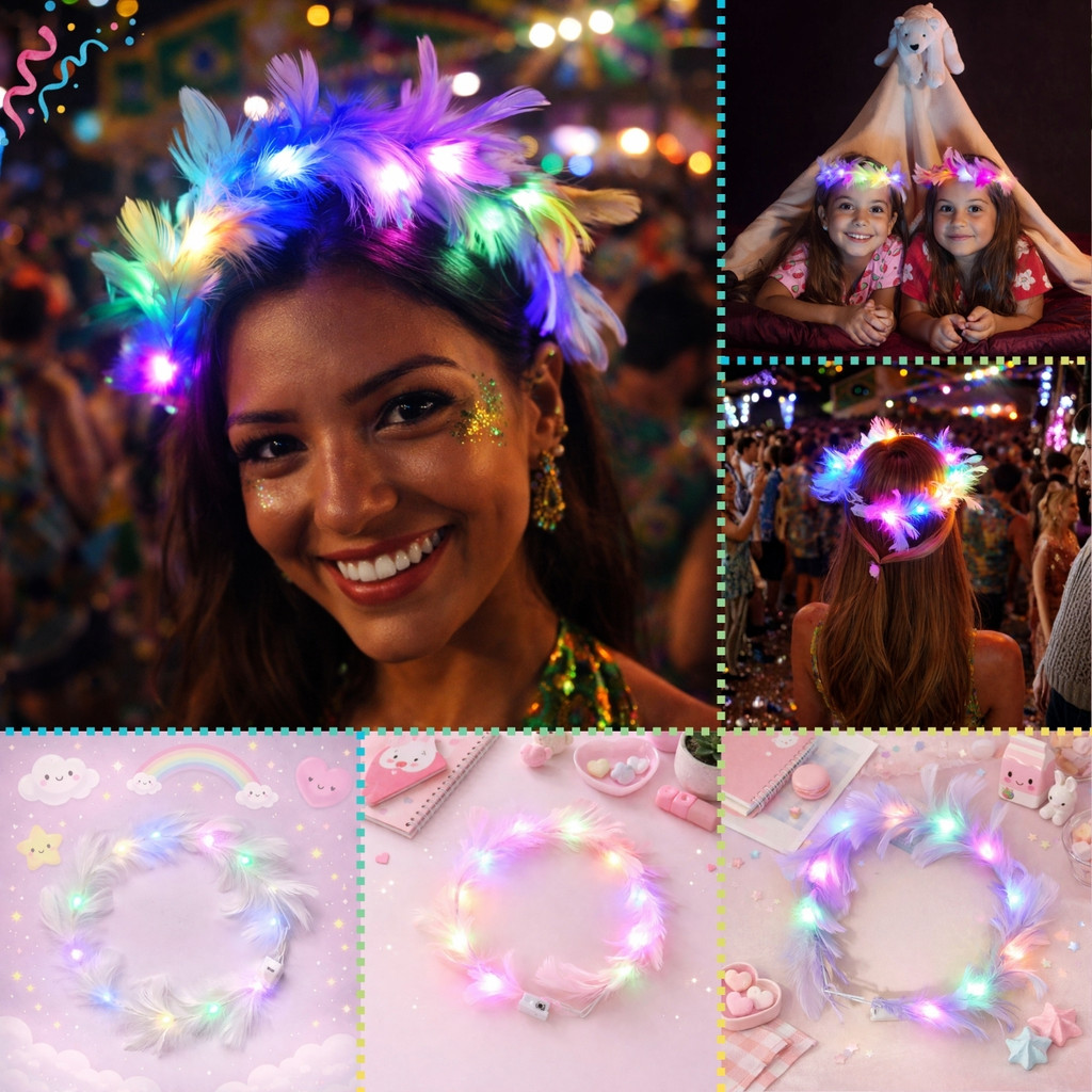 Tiara Anjo de Penas com LED Colorido, 3 Modos de Luz, Fantasia Festa Carnaval em Oferta na Shopee