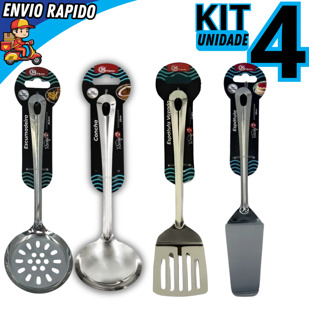 Kit 4 Utensílio Cozinha Inox Escumadeira Espátula Vazada Espátula Bolo e Concha Linha Recife Premium Cozinha Restaurante