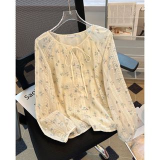 Camisa de Chiffon de manga comprida Floral francesa feminina solta mais fina aparência estilo ocidental redução de idade em Oferta na Shopee