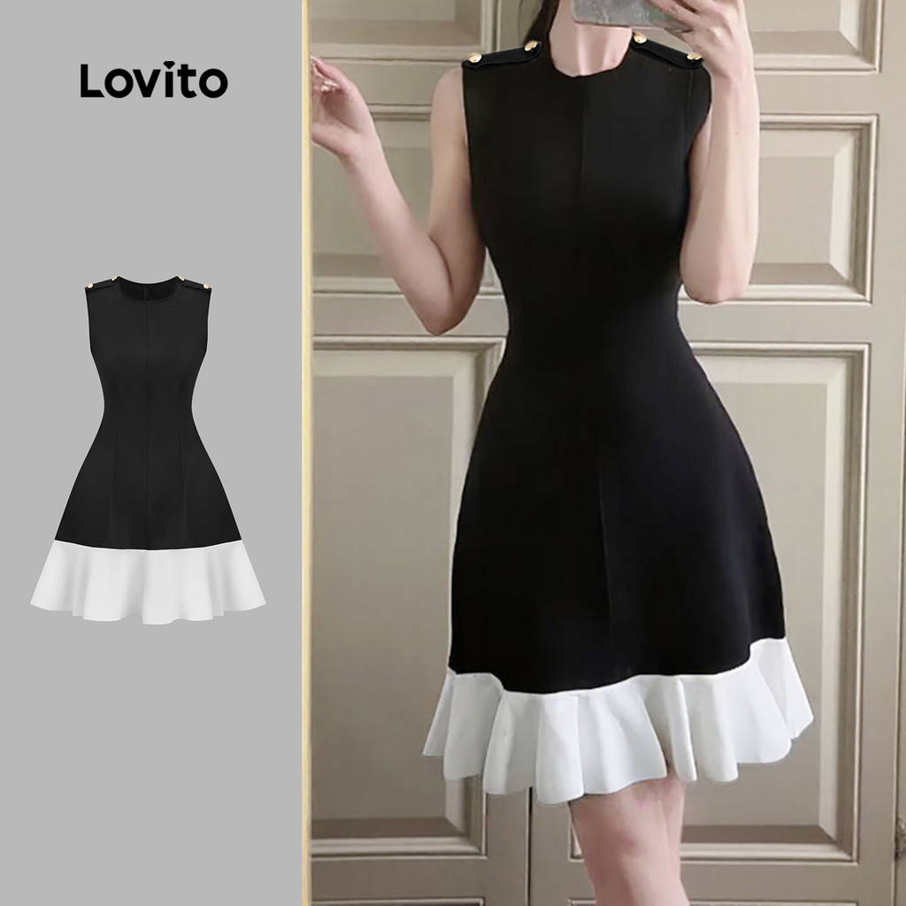 Lovito Vestido Elegante com Fivela Metálica Primavera/verão Preto para Mulheres.
