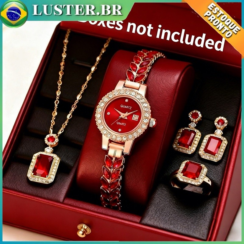 Conjunto Luxuoso de Relógio Feminino de Quartzo + Joias (Colar, Brincos, Anel) ,Pedras Vermelhas Brilhantes