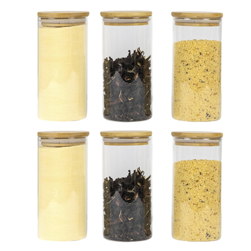 Kit 6 Potes Organizadores Cozinha Armario Em Vidro Tampa Bambu Conserva Alimentos Grãos Biscoitos Conserva Geladeira