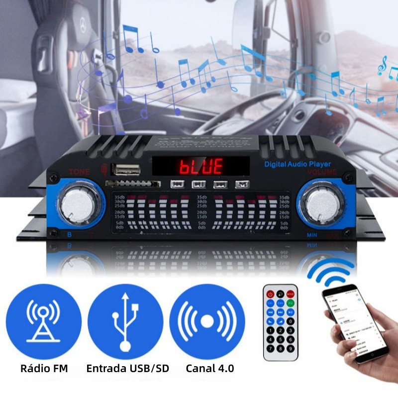 Amplificador De Som Digital Wi-Fi , 12V , 4 Canais , Áudio , Rádio FM , Bluetooth 5.0 — imagem 2 de 2