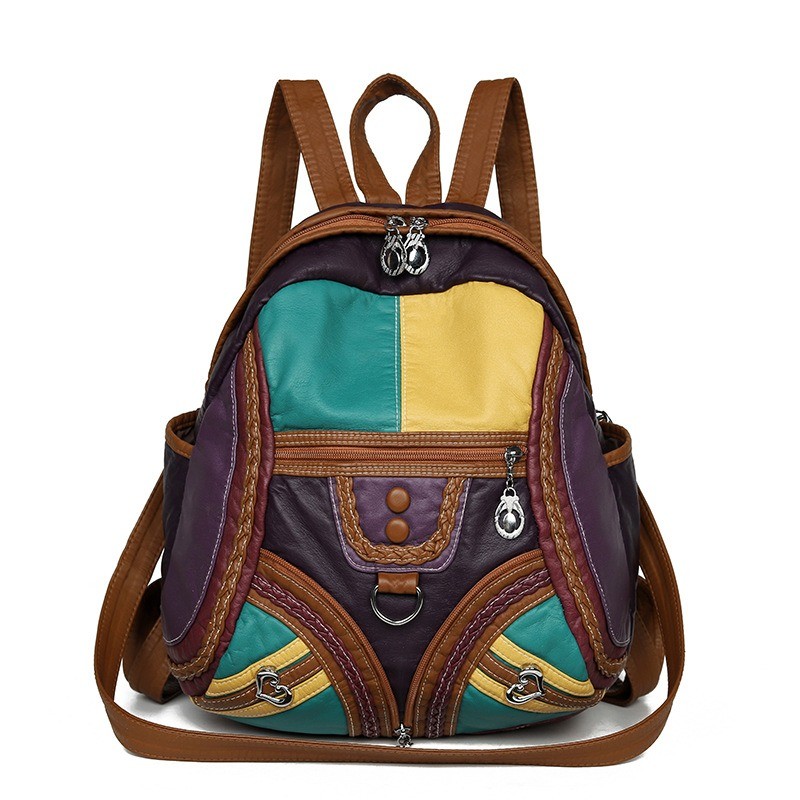 Mochila De Couro Para Lavagem Em Bloco De Cores 2026 , Bolsa De Ombro Conversível Feminina , Vintage PU Roxa