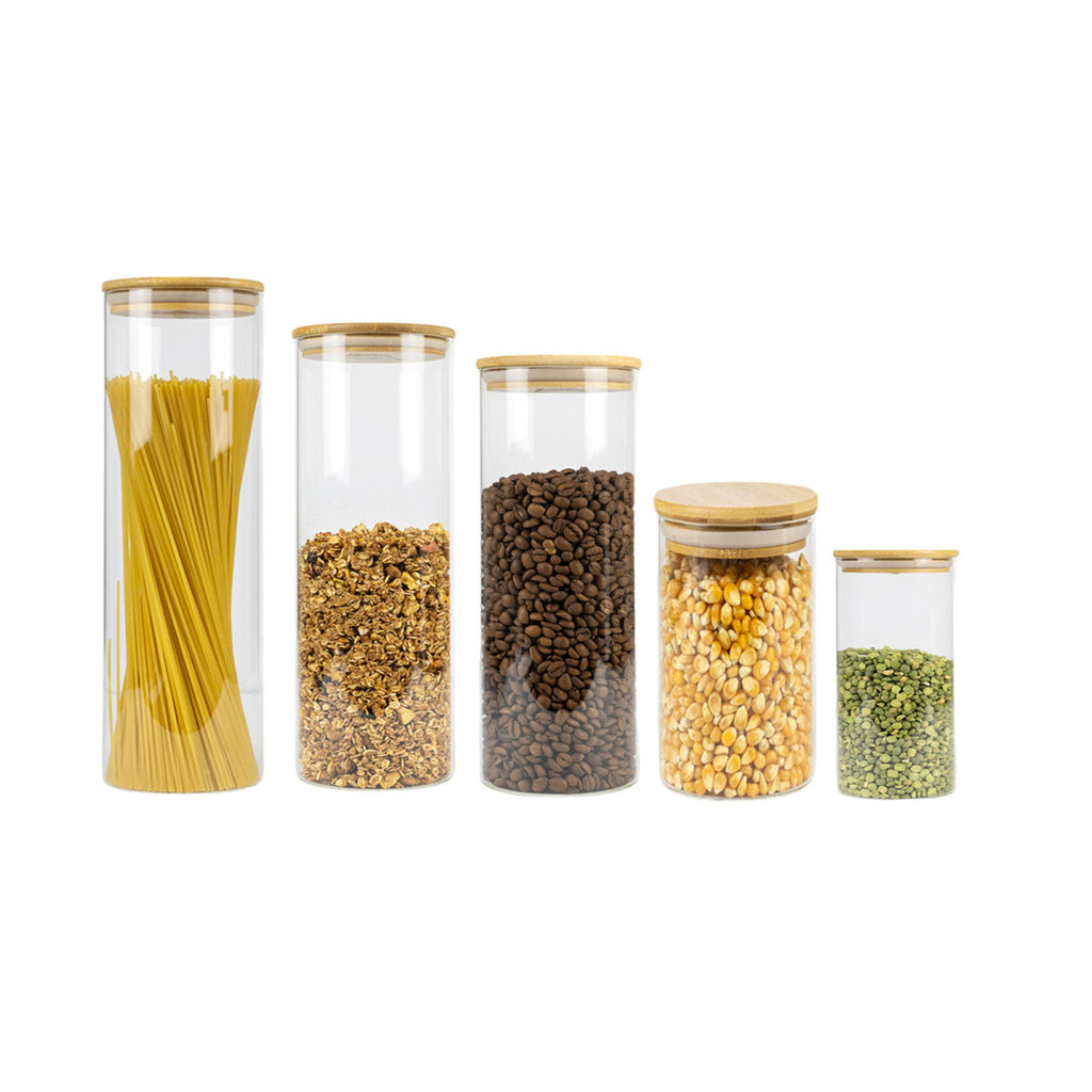 Kit 5 Potes Herméticos Vidro Borossilicato Tampa Bambu Organizadores Conserva Cereais Biscoitos Macarrão Alimento Café