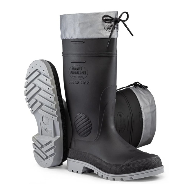 Bota Galocha de Pvc Calfor Pampeana Supermax Cano Longo Com Amarra Cinza e Preta