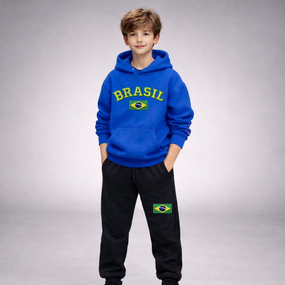 Conjunto Moletom Infantil Brasil Canguru Com Capuz Menino Blusa e Calça Estampado Copa Do Mundo Infanto Juvenil