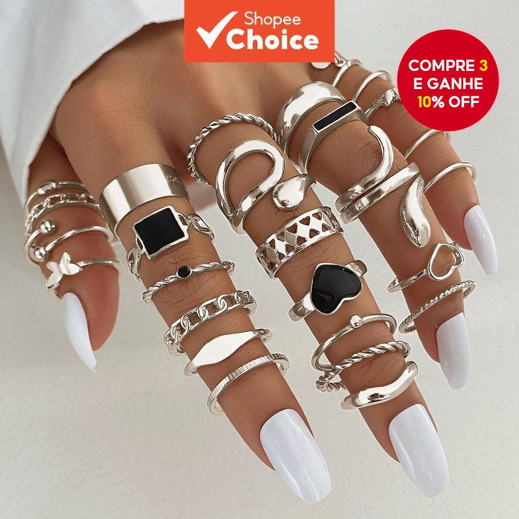 Conjunto De Anel Vintage De 27 Peças Para Mulheres-Coração Cobra Borboleta Geométrica Oca Joias De Dedo em Oferta na Shopee