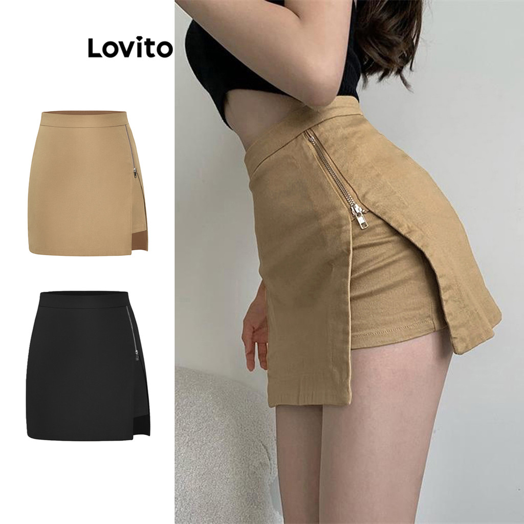 Lovito Shorts Preppy Shorts Simples Com Zíper Dividido Para Mulheres L59ED161 (Cáqui) em Oferta na Shopee