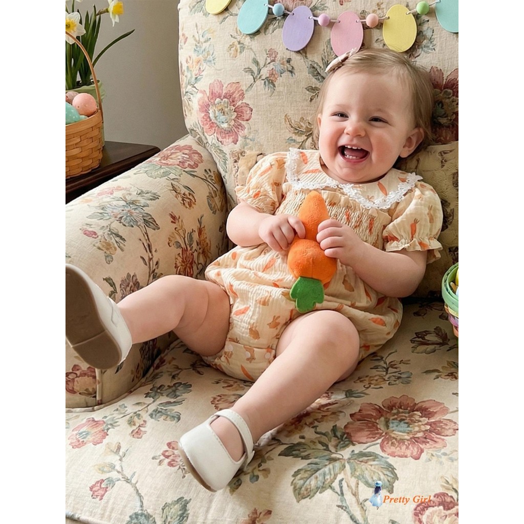 Mellifluous-Baby Girls Bunny Cenoura Ovos De Páscoa Estampa Boneca Gola Macacão De Manga Curta