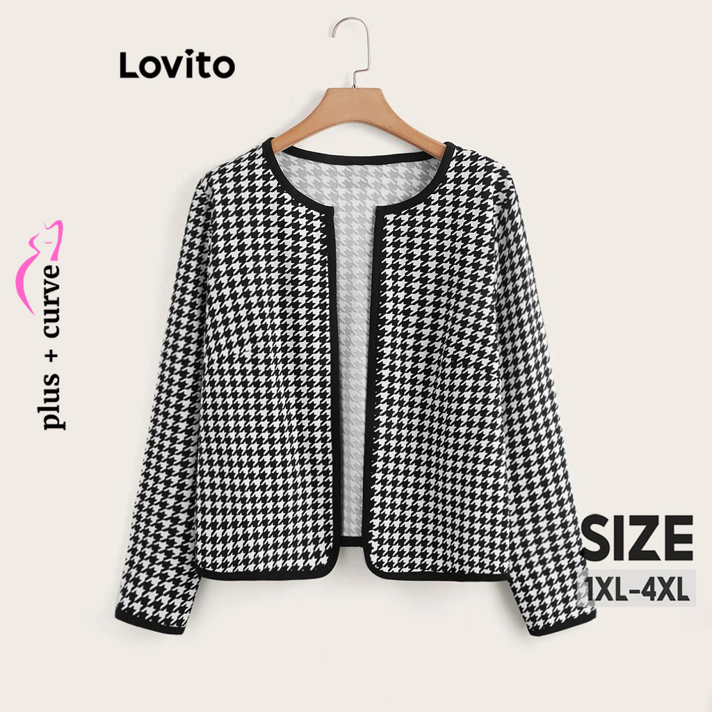 Lovito Jaqueta Curva Plus Size Casual Houndstooth Chanel Estilo Jaqueta Para Mulheres LBL10084 em Oferta na Shopee