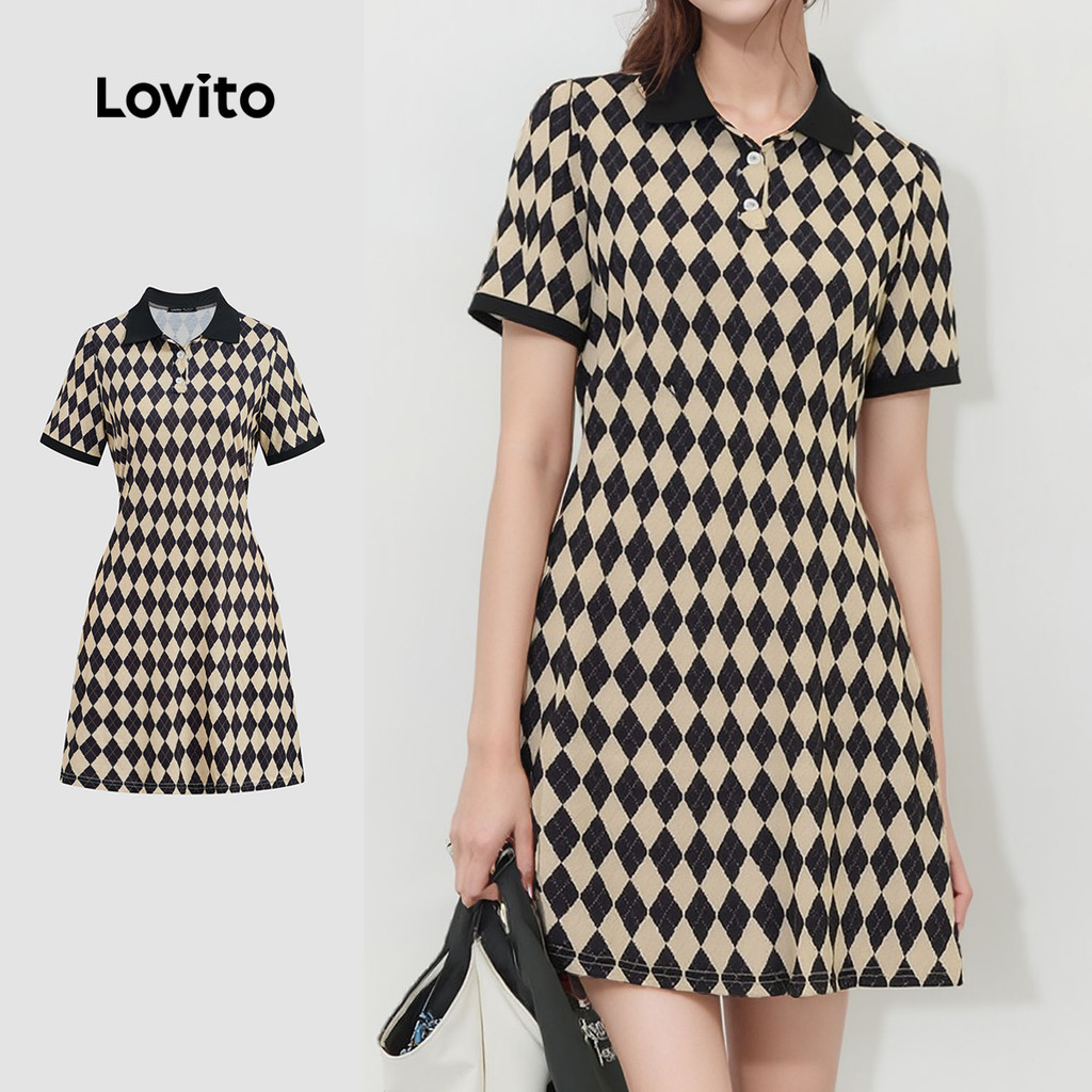 Lovito Minivestido Feminino Casual Argyle Com Decote Redondo E Decote Redondo LNA06010 (Multicolorido) em Oferta na Shopee