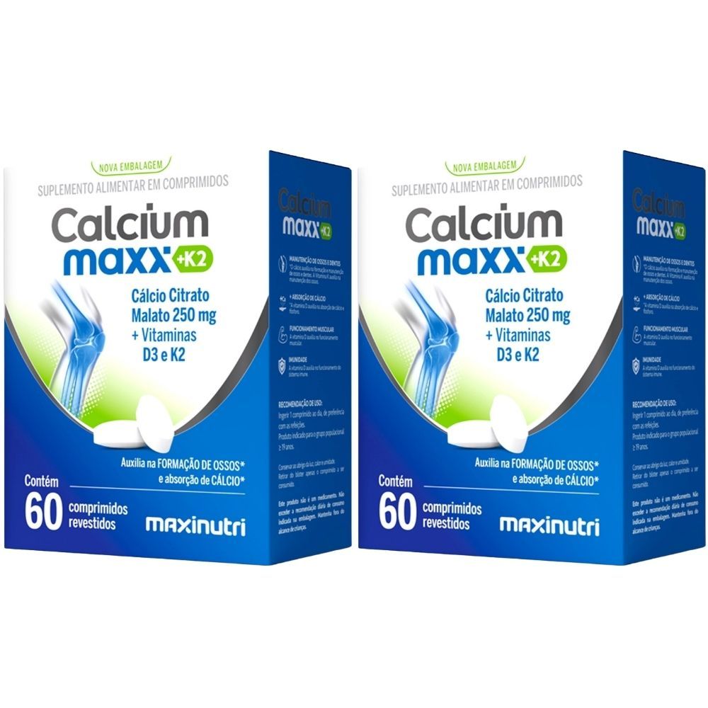 KIT 2X CALCIUM MAXX K2 ( Cálcio Citrato Malato + Vitaminas D3 e K2) 60 comprimidos - Maxinutri