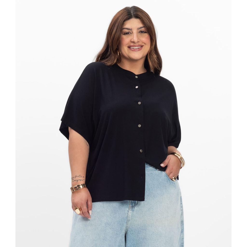 Camisa Manga Curta Feminina Plus Size Secret Glam Preto