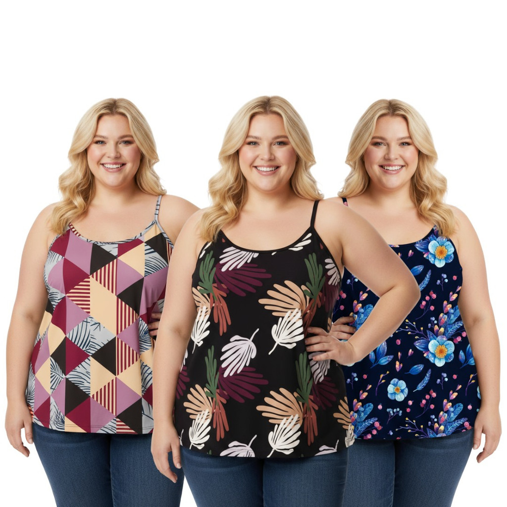Kit 4 Blusas Plus Size Regata Liganete Estampas Variadas Seca Rápido