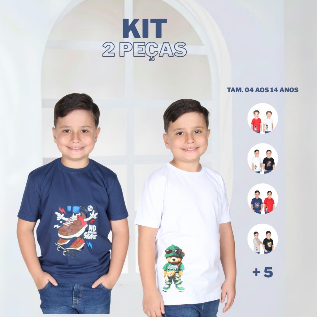 Kit 2 Camisetas Infantil Menino Juvenil Estampas Personagens Variadas  Manga Curta Algodão 4 Ao 14 Anos