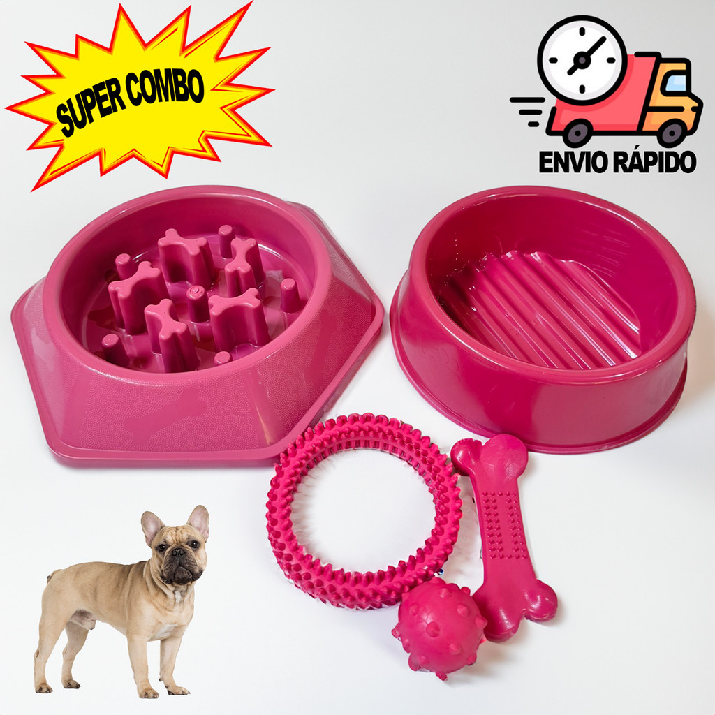 Comedouro Cachorro Grande Lento Pote + Bebedouro Cachorro + Kit Brinquedo Cachorro Mordedor Pet