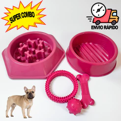 Comedouro Cachorro Grande Lento Pote + Bebedouro Cachorro + Kit Brinquedo Cachorro Mordedor Pet