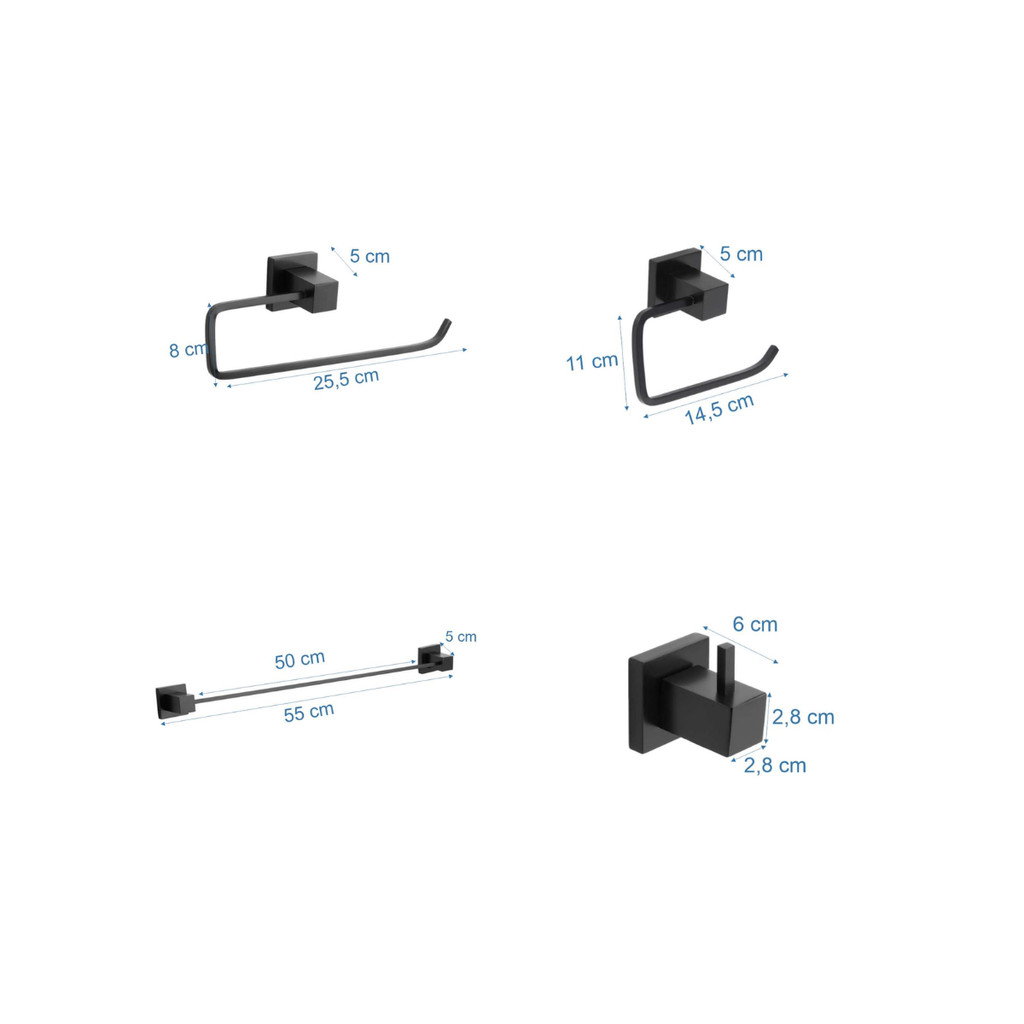 Kit Acessórios sem Saboneteira 4 Peças Luxo Quadrado no Preto · foto 2