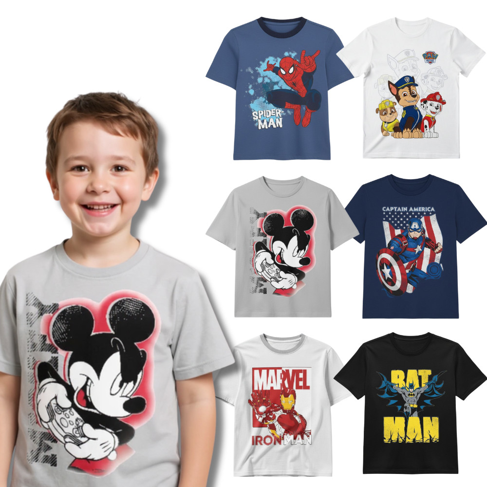 Kit Sortido 5 Camisetas Manga Curta Estampada Masculina/Menino Infantil 3 ou 5 Blusas