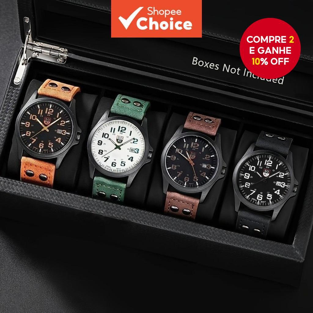 Relógio masculino elegante conjunto de relógio esportivo casual com pulseira de couro para homem (sem caixa) em Oferta na Shopee