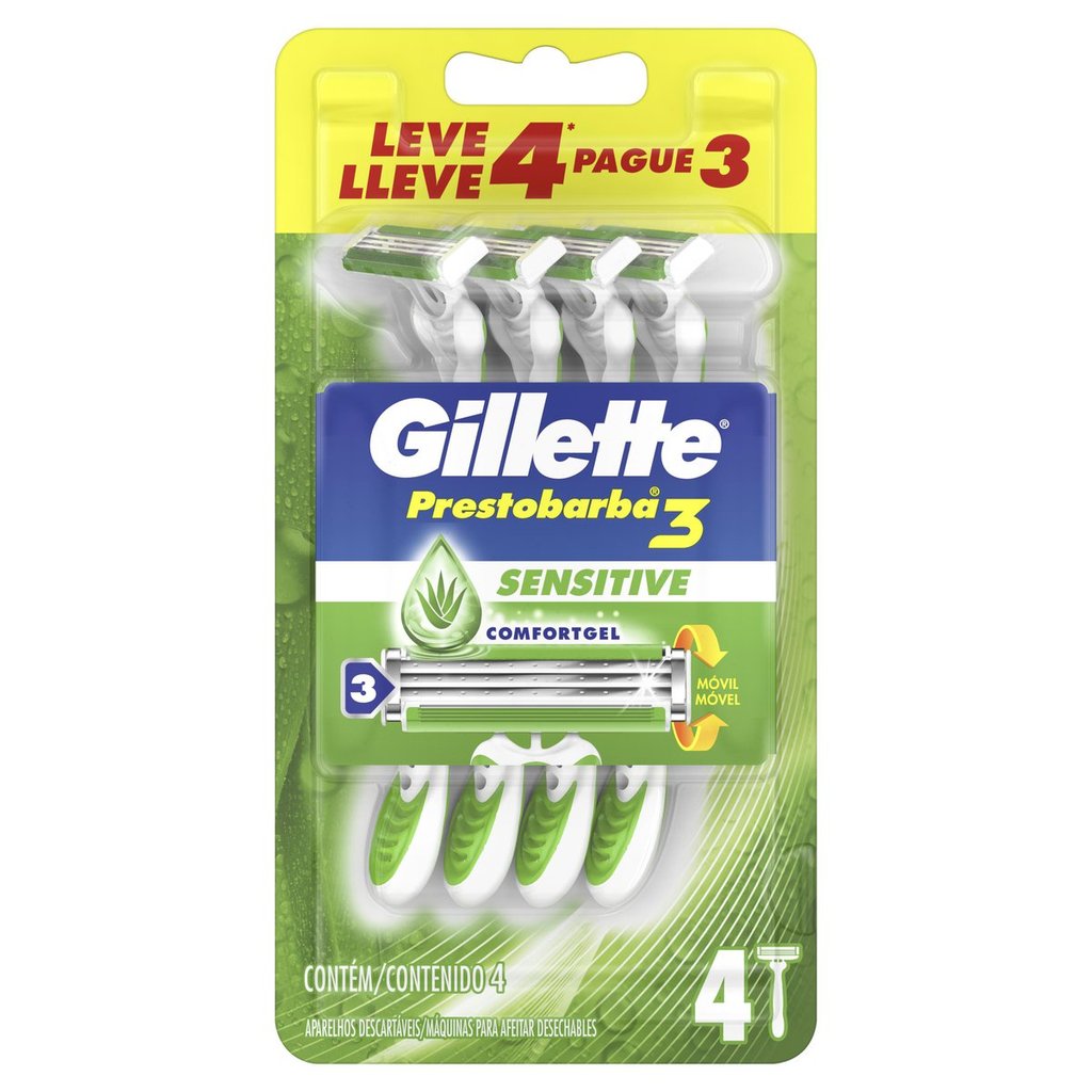 Aparelho de Barbear Gillette Prestobarba3 Sensitive 4 Unidades em Oferta na Shopee