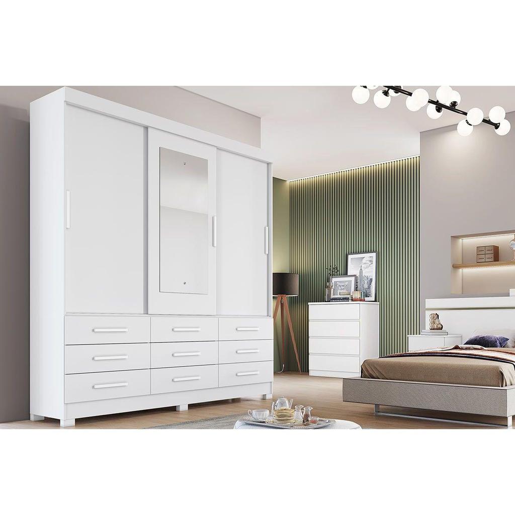 Guarda Roupa Solteiro 3 Portas e 9 Gavetas c/ Espelho Jequitibá/Buriti Branco - Novo Horizonte em Oferta na Shopee