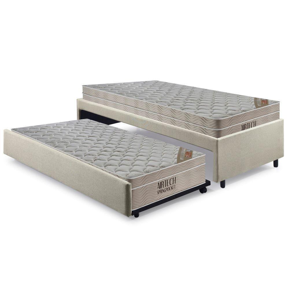 Bicama Box Solteiro Courino Linho Bege Areia 88x188 Com Dois Colchões Airtech Molas Ensacadas Ortobom