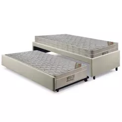 Bicama Box Solteiro Courino Linho Bege Areia 88x188 Com Dois Colchões Airtech Molas Ensacadas Ortobom