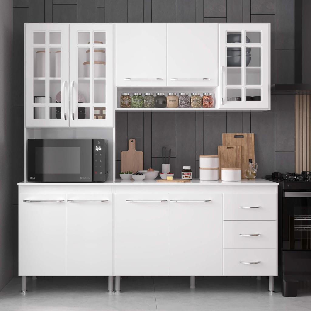 Cozinha Modulada Compacta Fidelitá Viena 3 Peças 190cm 9 Portas 3 Gavetas Com Tampo Branco em Oferta na Shopee