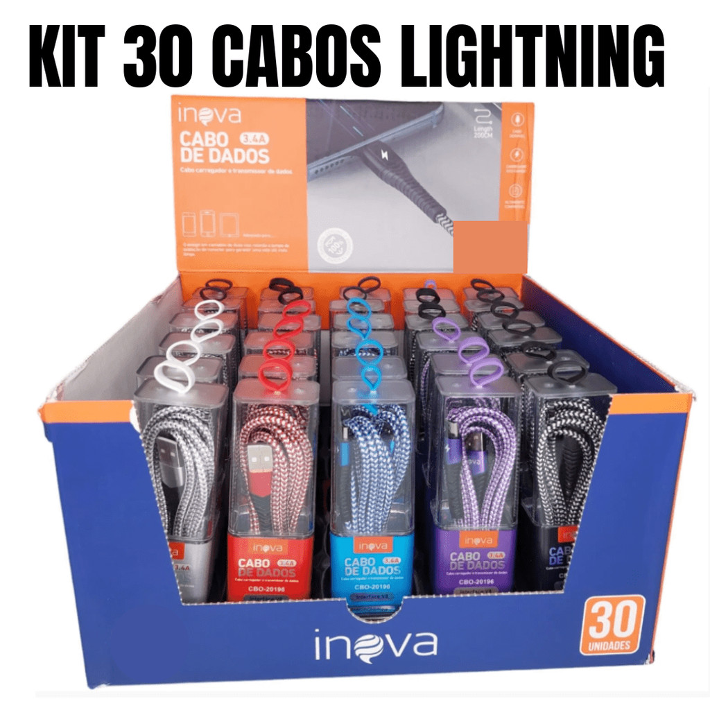 Kit 30 cabos lightning iphone usb carregador ultra rápido 2 metros resistente de tubo