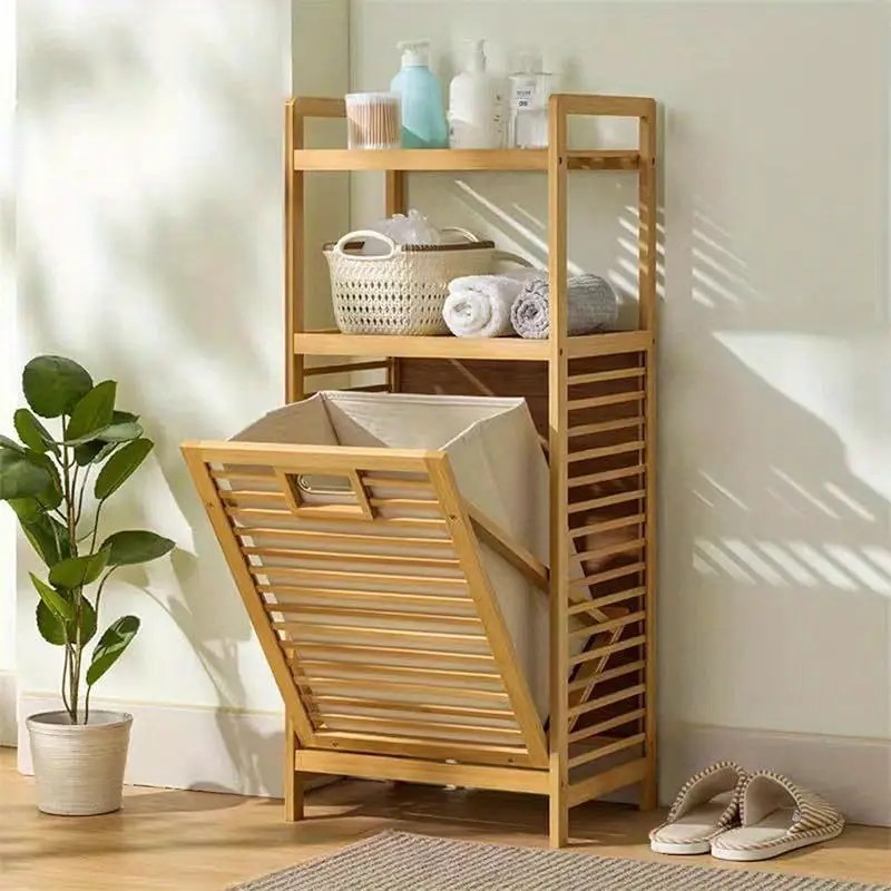 Cesto Roupa Suja De Bambu Organizador Inclinável Prateleira Co 2 Prateleiras Organizador Grande HX56268