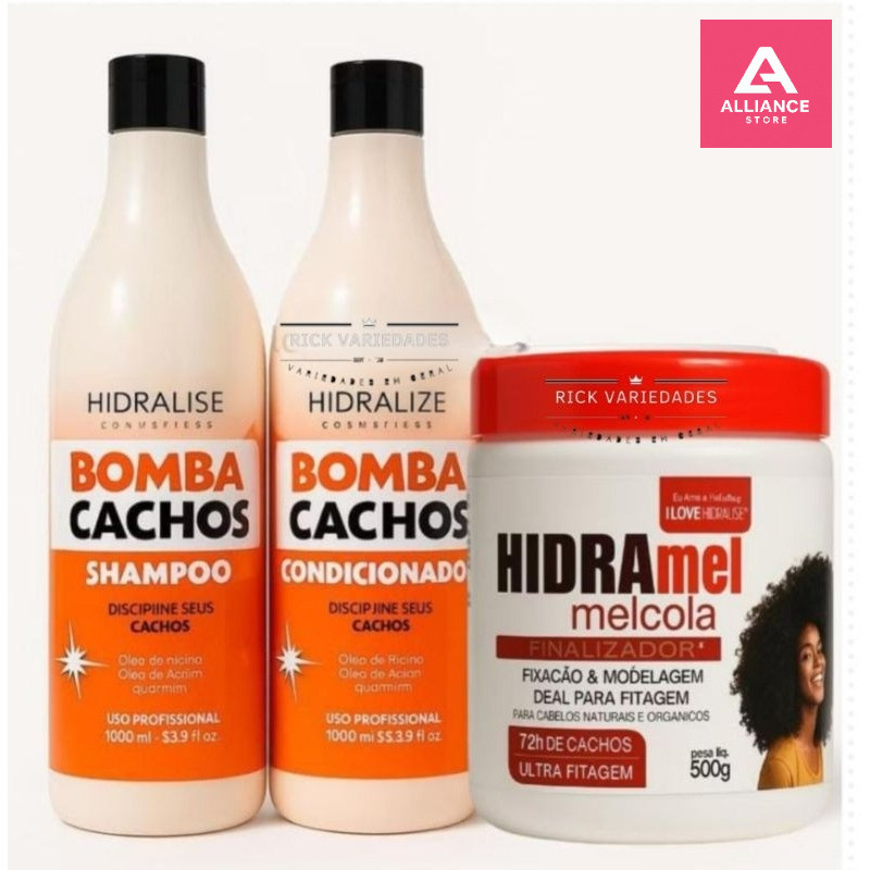 Kit Hidralise Bomba Cachos Completo– Shampo 1L + Condic1L + Hidramel Melcola 500g Finalizador Ultr Definição e Fixaç 72h