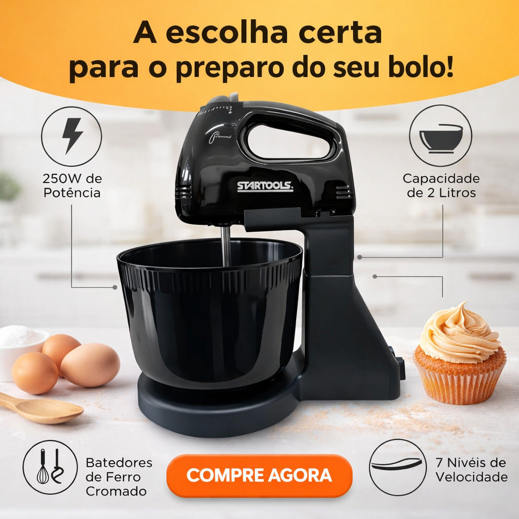 Batedeira Eletrica 2L 7 Velocidades Com Batedor E Gancho Potente 127V Resistente 250W Prática