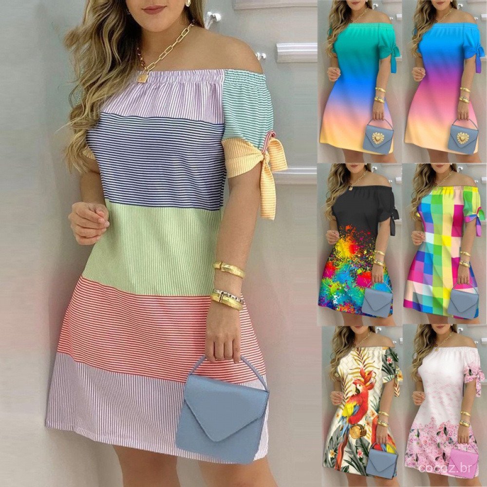 Vestido de Verão Feminino/Manga Curta/Comprimento Médio/Estampa Floral/Corte nos Ombros/Ajustado ao Corpo/Estilo Boêmio/