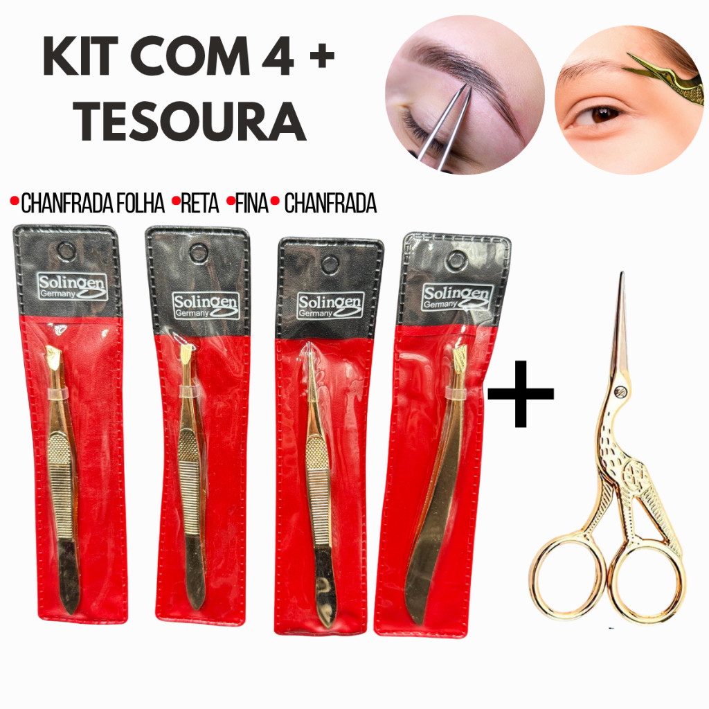 Kit 4 Pinças Solingen (Reta+Chanfrada+Ponta Agulha+Chanfrada Folha) + Tesourinha Design Sobrancelhas no Brasil