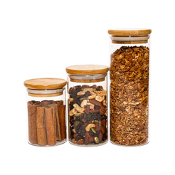 Potes de Vidro P/ Mantimentos C/ Tampa Bambu Oikos - 3 Pçs